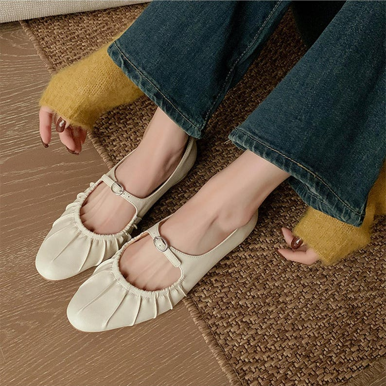Women’s Beige Leather Mary Jane Flats