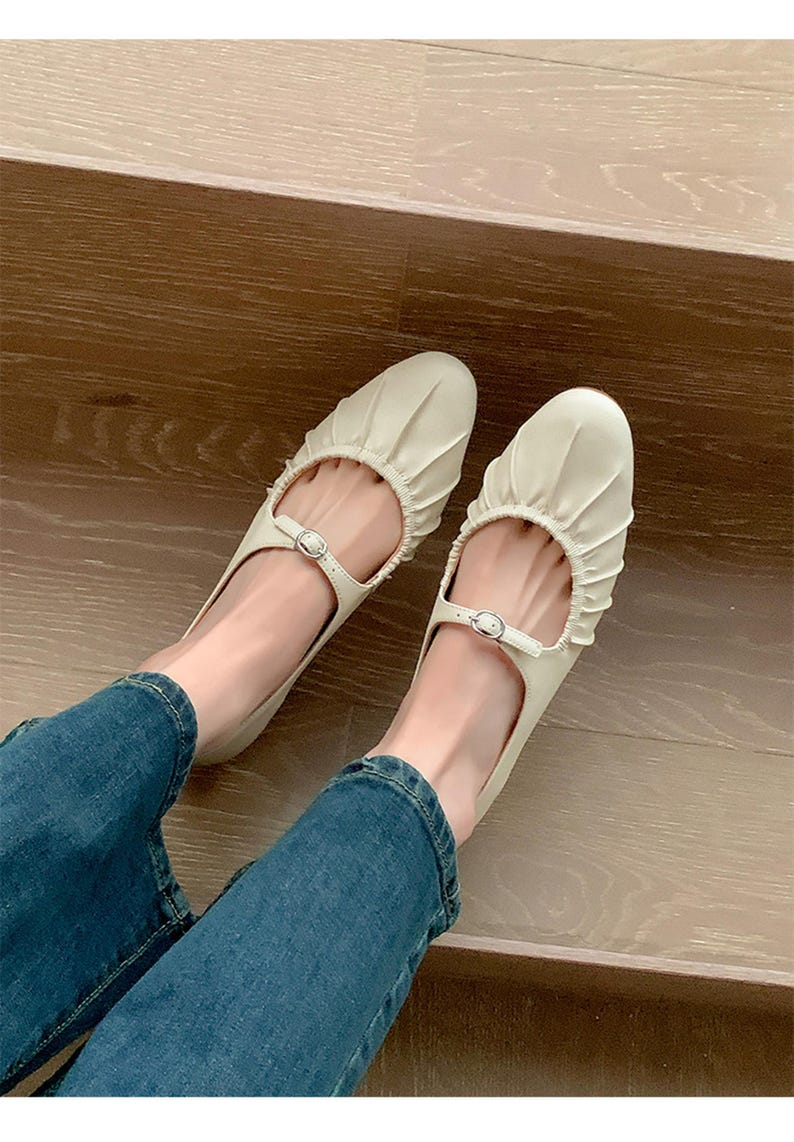 Women’s Beige Leather Mary Jane Flats