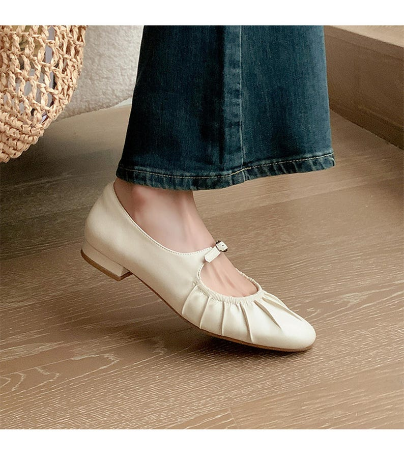 Women’s Beige Leather Mary Jane Flats