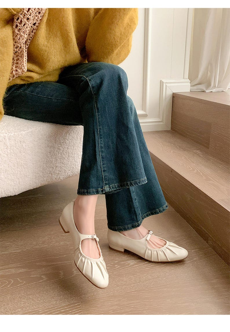 Women’s Beige Leather Mary Jane Flats