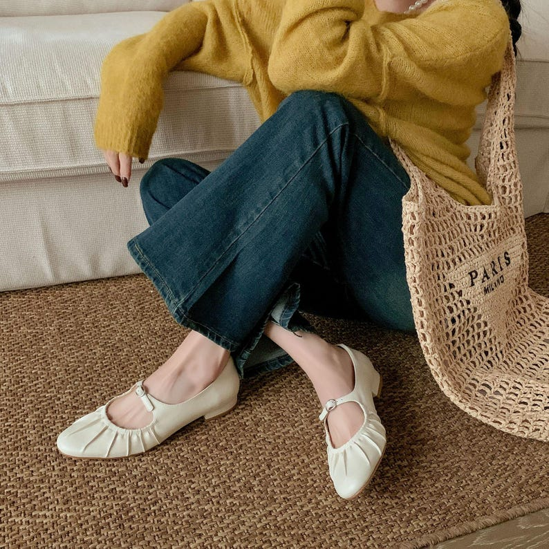 Women’s Beige Leather Mary Jane Flats