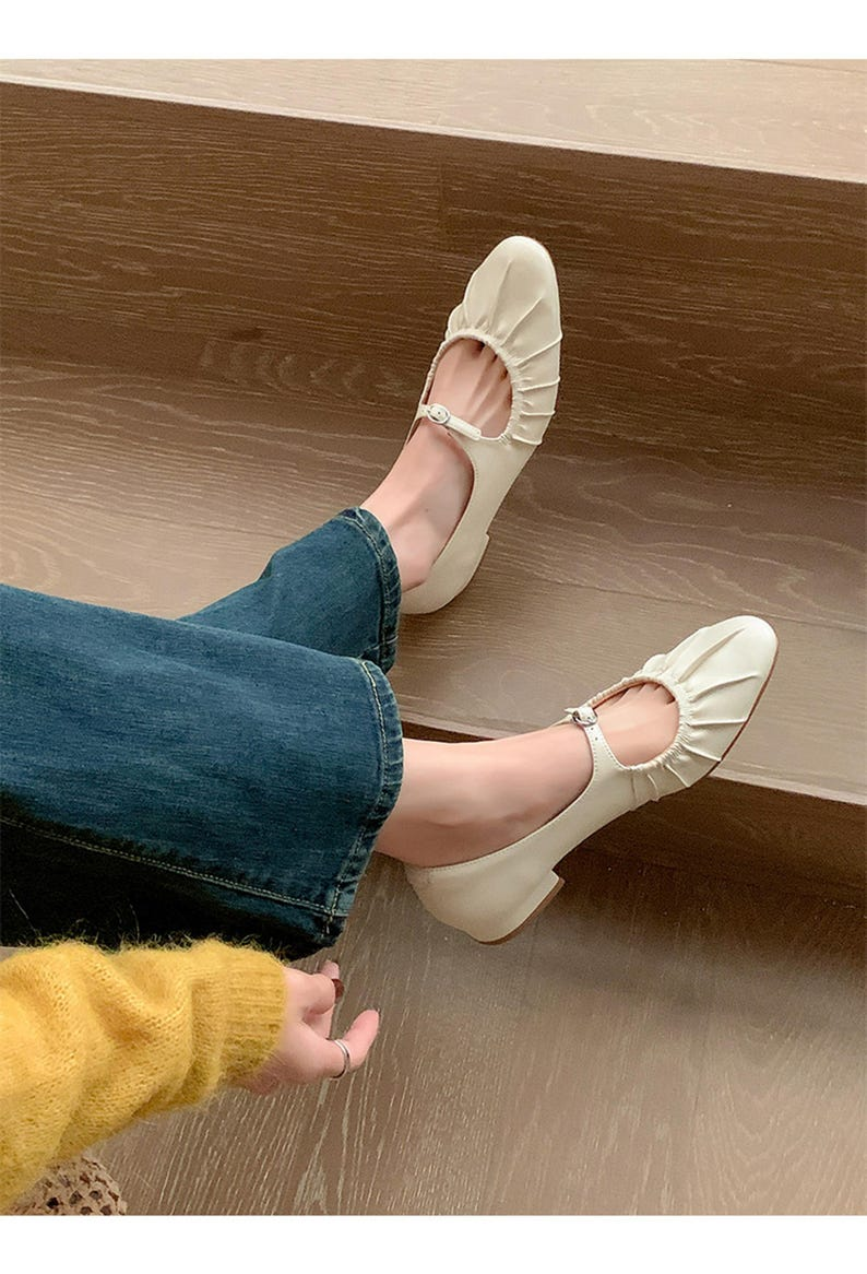 Women’s Beige Leather Mary Jane Flats