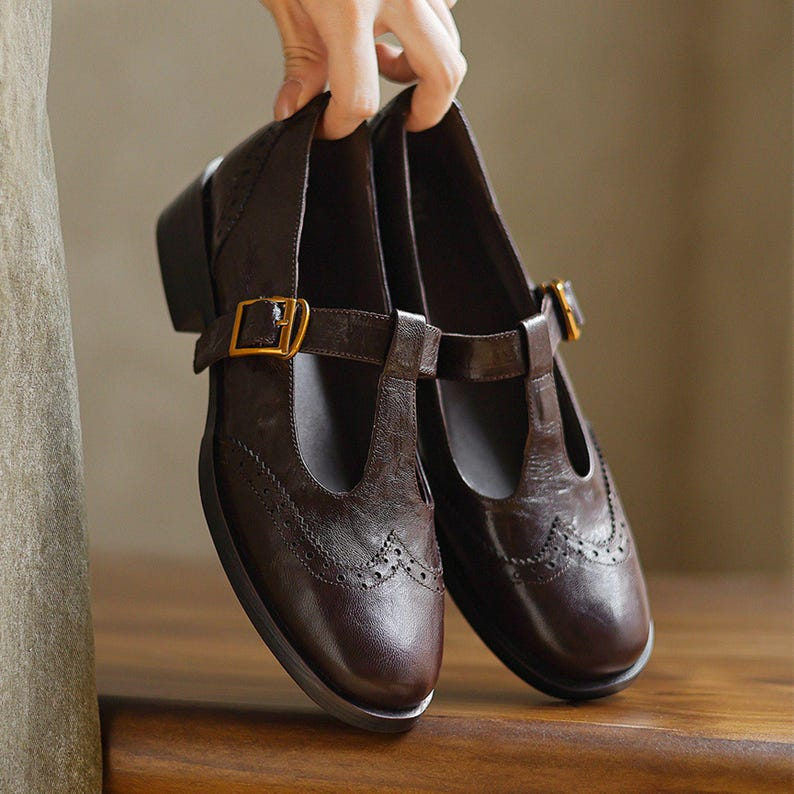Retro Brown Leather Mary Jane Flats