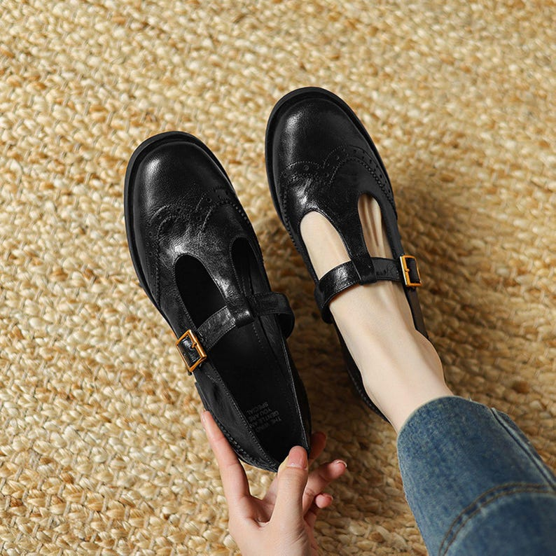 Retro Black Leather Mary Jane Flats