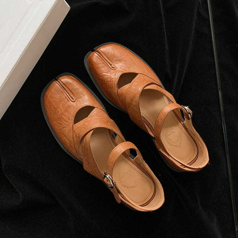 Brown Leather Tabi Mary Jane Flats