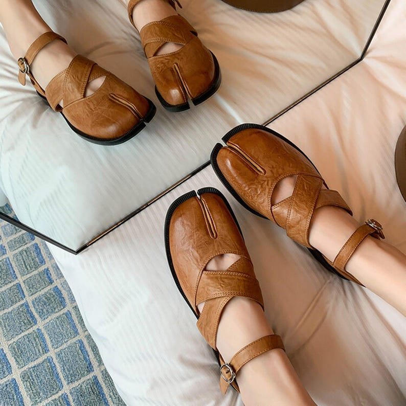 Brown Leather Tabi Mary Jane Flats