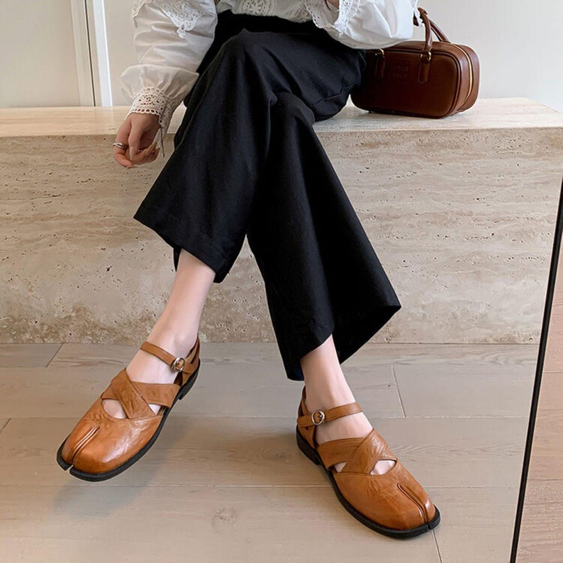 Brown Leather Tabi Mary Jane Flats