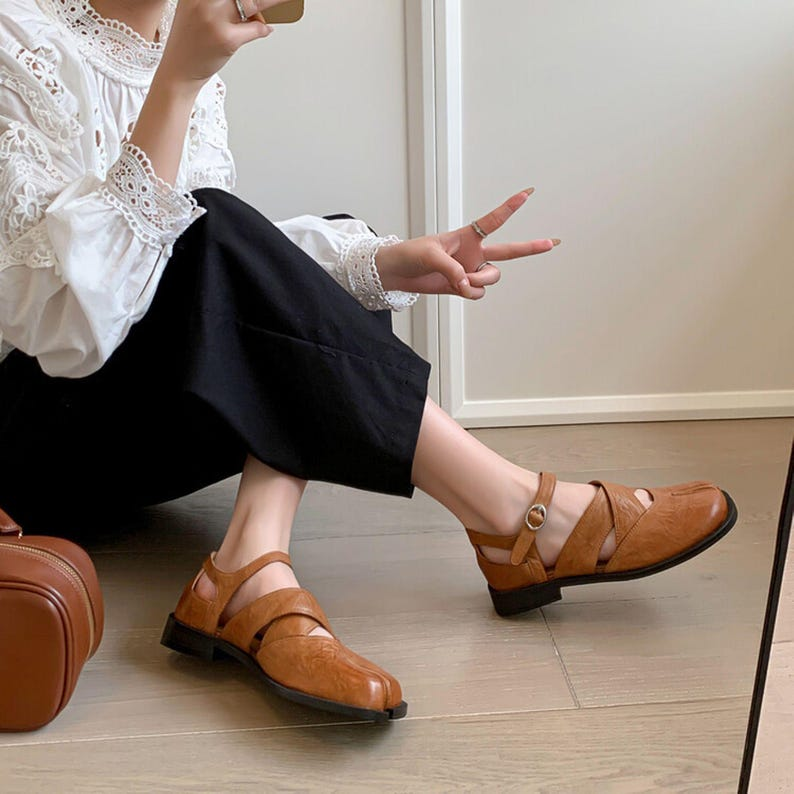 Brown Leather Tabi Mary Jane Flats