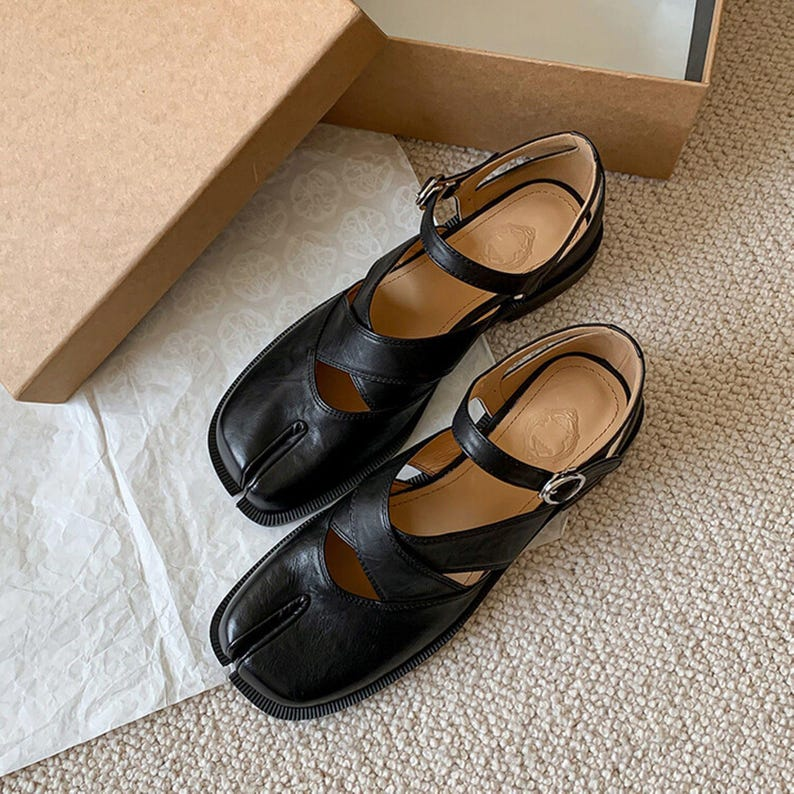 Brown Leather Tabi Mary Jane Flats