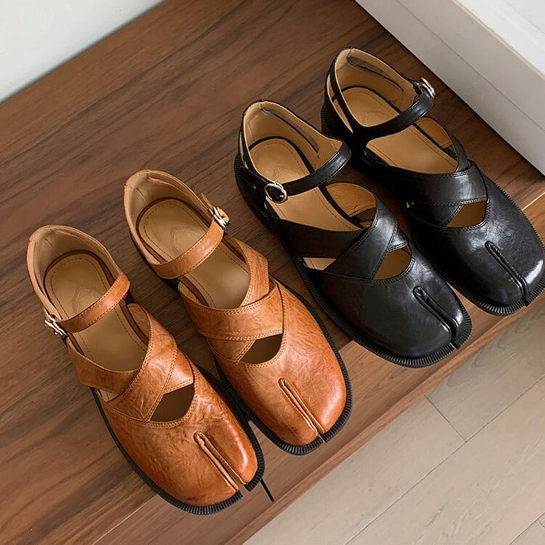 Brown Leather Tabi Mary Jane Flats