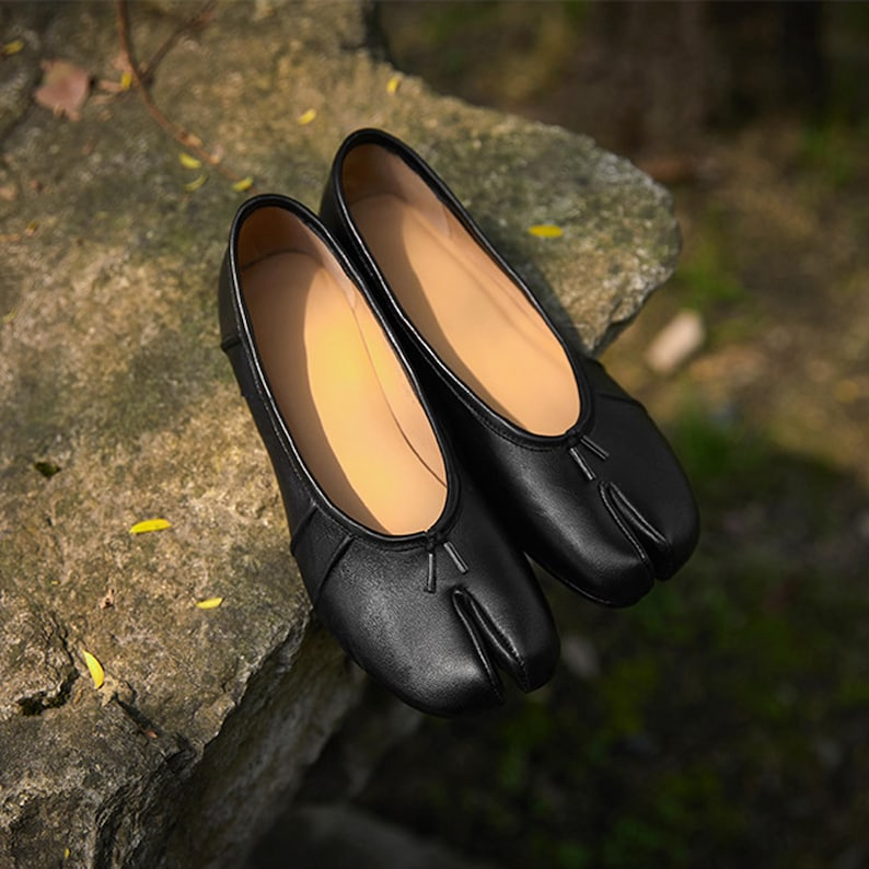 Black Leather Tabi Mary Jane Flats