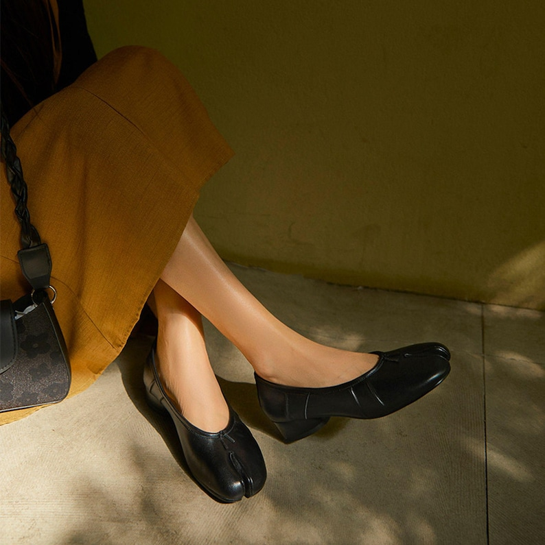 Black Leather Tabi Mary Jane Flats