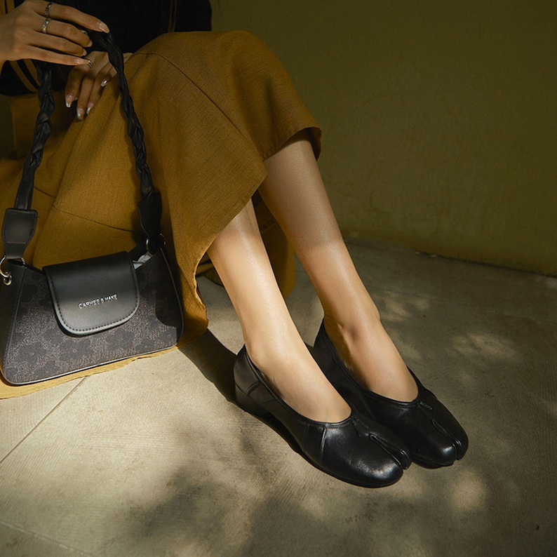 Black Leather Tabi Mary Jane Flats