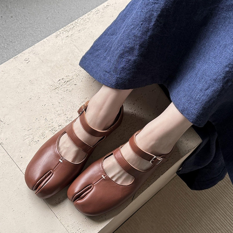Brown Leather Double-Strap Tabi Mary Jane Flats