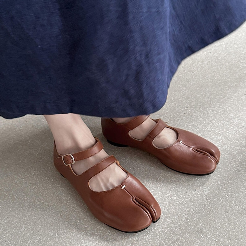 Brown Leather Double-Strap Tabi Mary Jane Flats