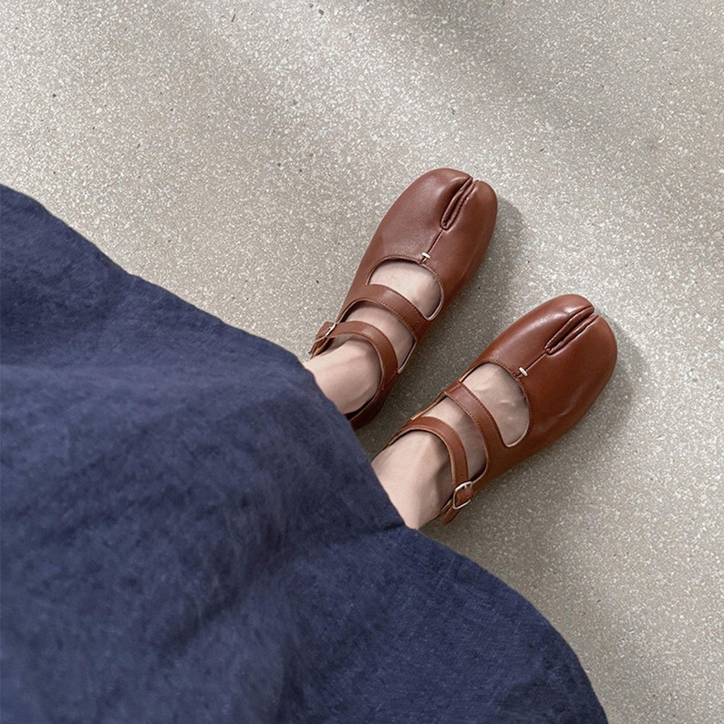 Brown Leather Double-Strap Tabi Mary Jane Flats