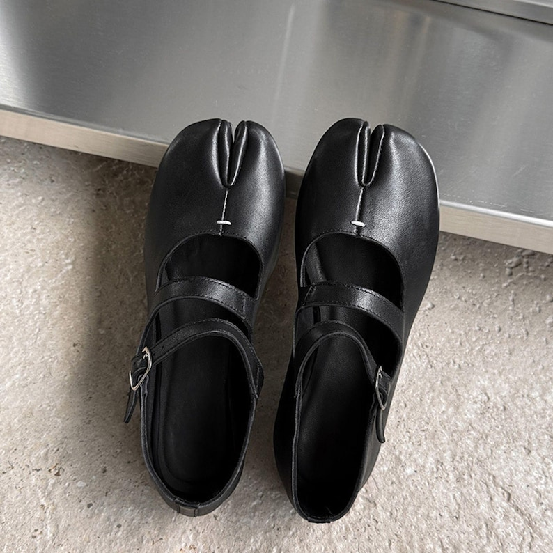 Brown Leather Double-Strap Tabi Mary Jane Flats