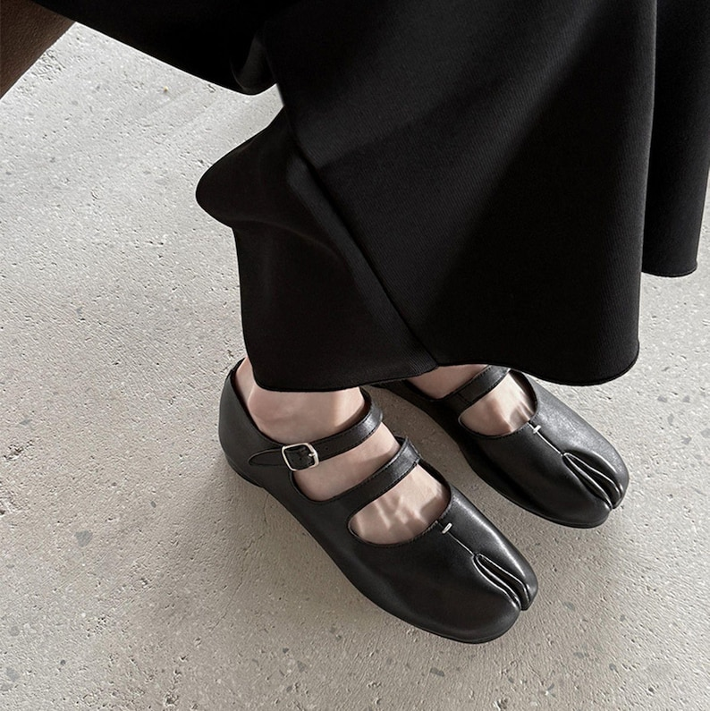 Brown Leather Double-Strap Tabi Mary Jane Flats