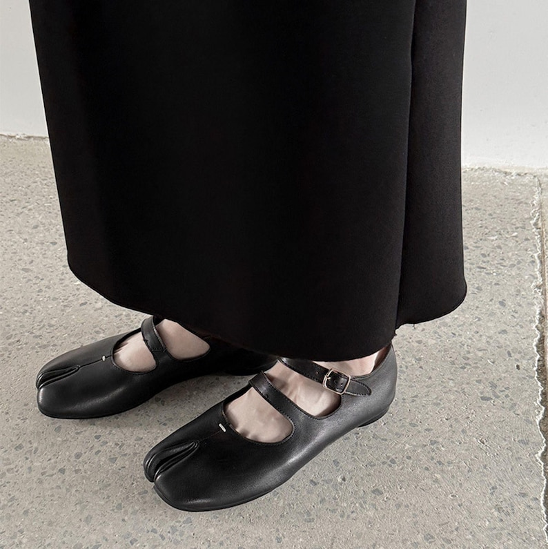 Brown Leather Double-Strap Tabi Mary Jane Flats