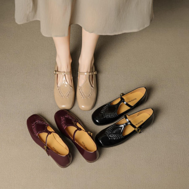 Black Leather T-Strap Mary Jane Flats