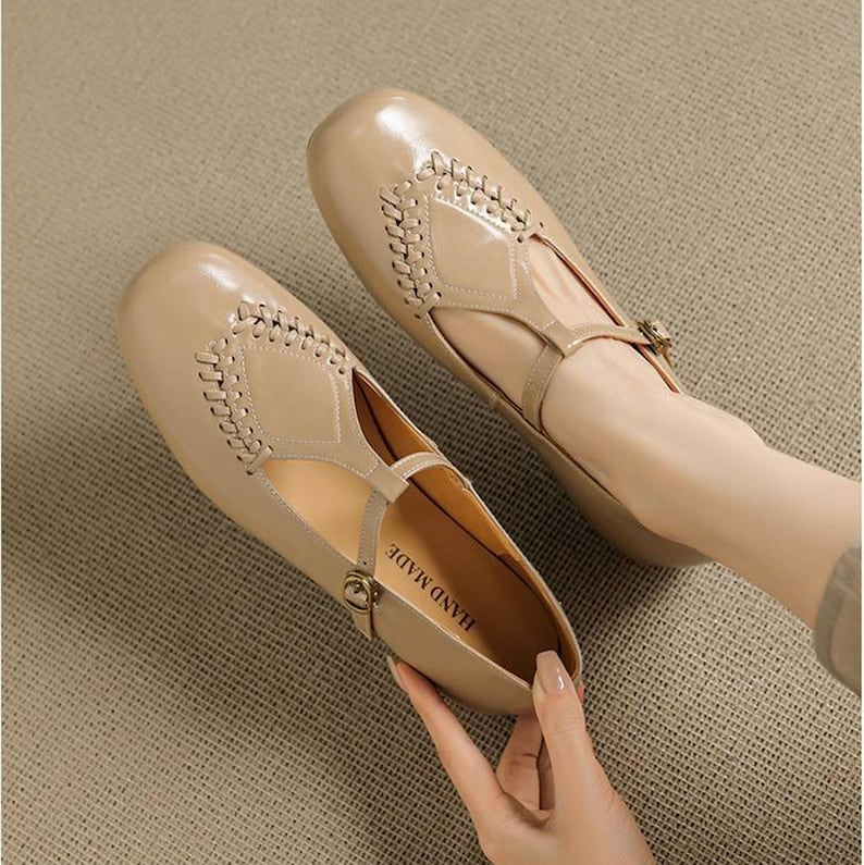 Black Leather T-Strap Mary Jane Flats