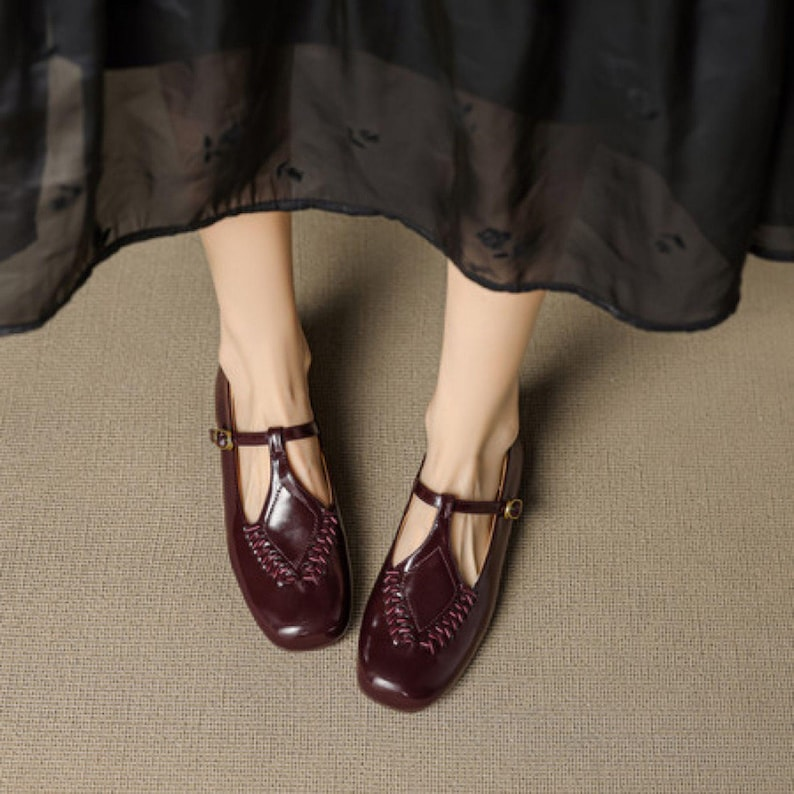 Black Leather T-Strap Mary Jane Flats