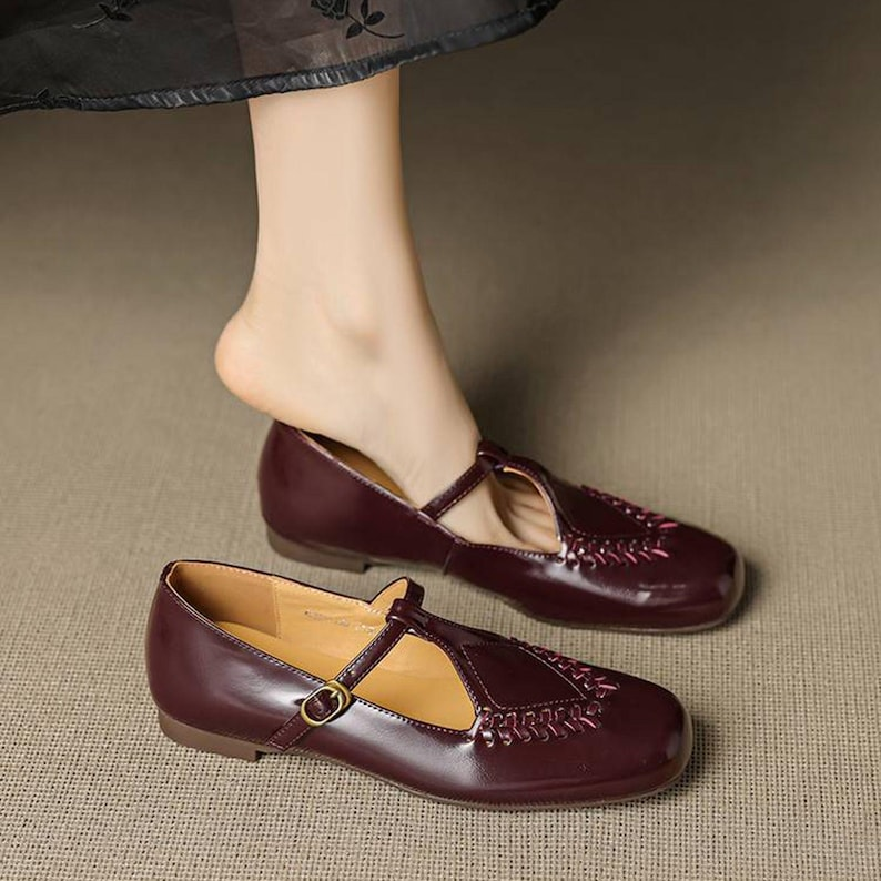 Black Leather T-Strap Mary Jane Flats