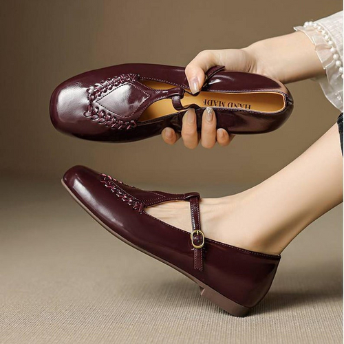 Black Leather T-Strap Mary Jane Flats