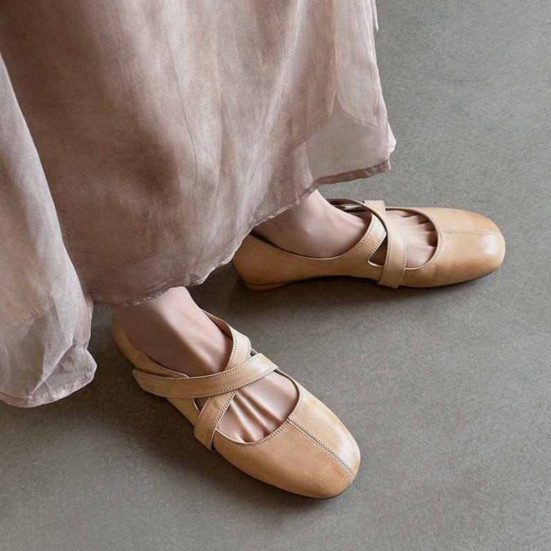 Beige Cross-Strap Leather Mary Jane Flats