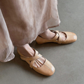 Beige Cross-Strap Leather Mary Jane Flats