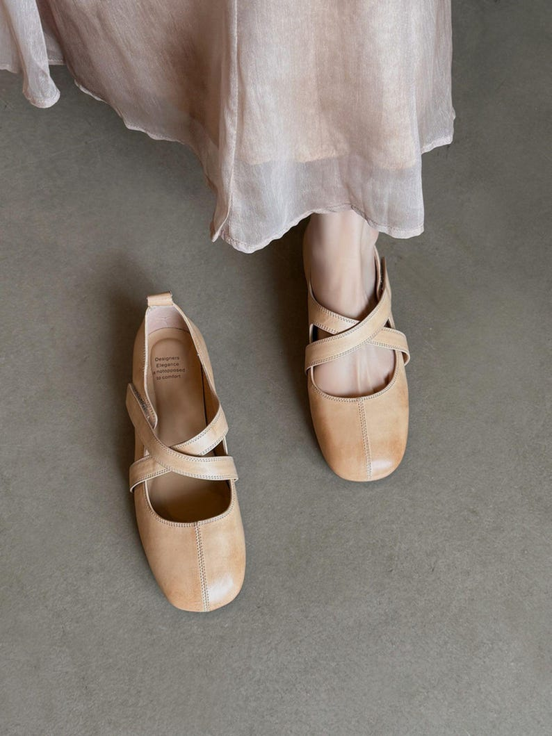 Beige Cross-Strap Leather Mary Jane Flats