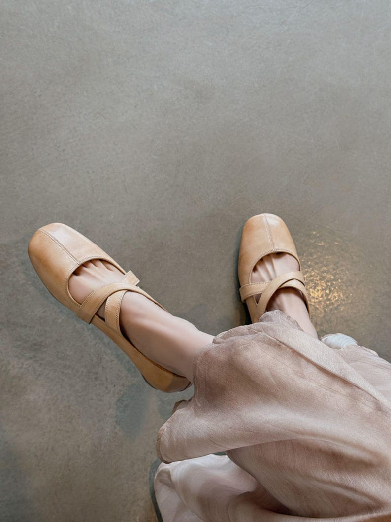 Beige Cross-Strap Leather Mary Jane Flats