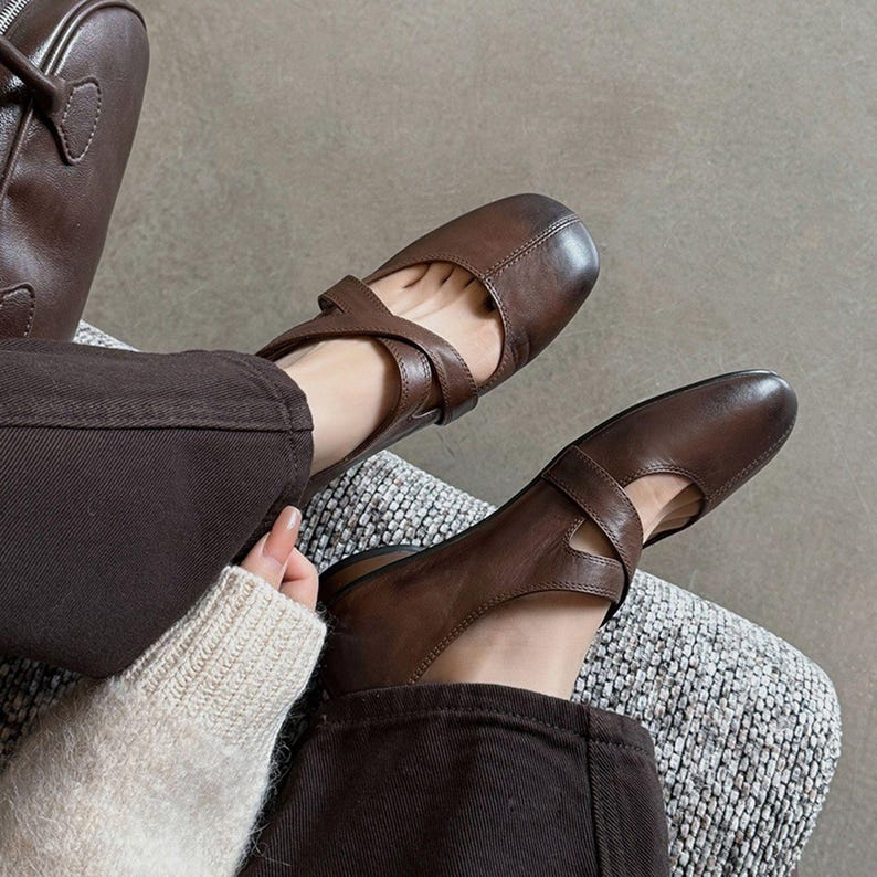 Beige Cross-Strap Leather Mary Jane Flats