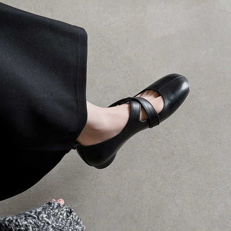 Beige Cross-Strap Leather Mary Jane Flats