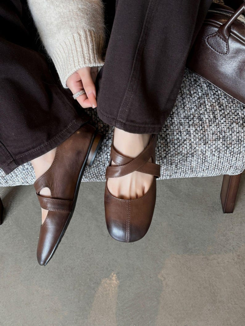 Beige Cross-Strap Leather Mary Jane Flats