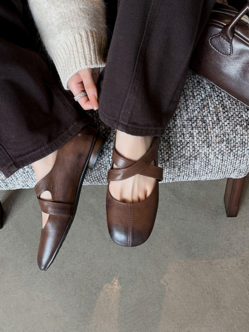 Beige Cross-Strap Leather Mary Jane Flats