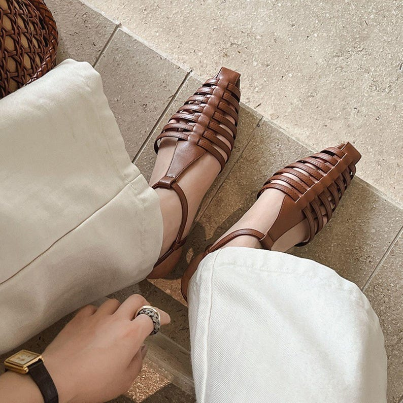 Black Pointed T-Strap Leather Sandals