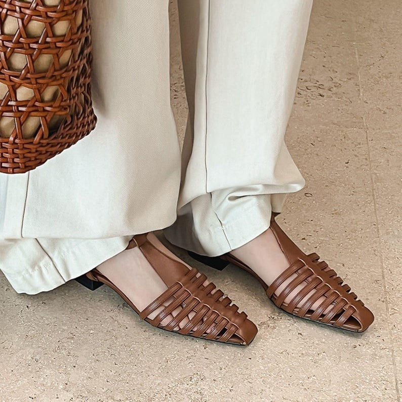 Black Pointed T-Strap Leather Sandals