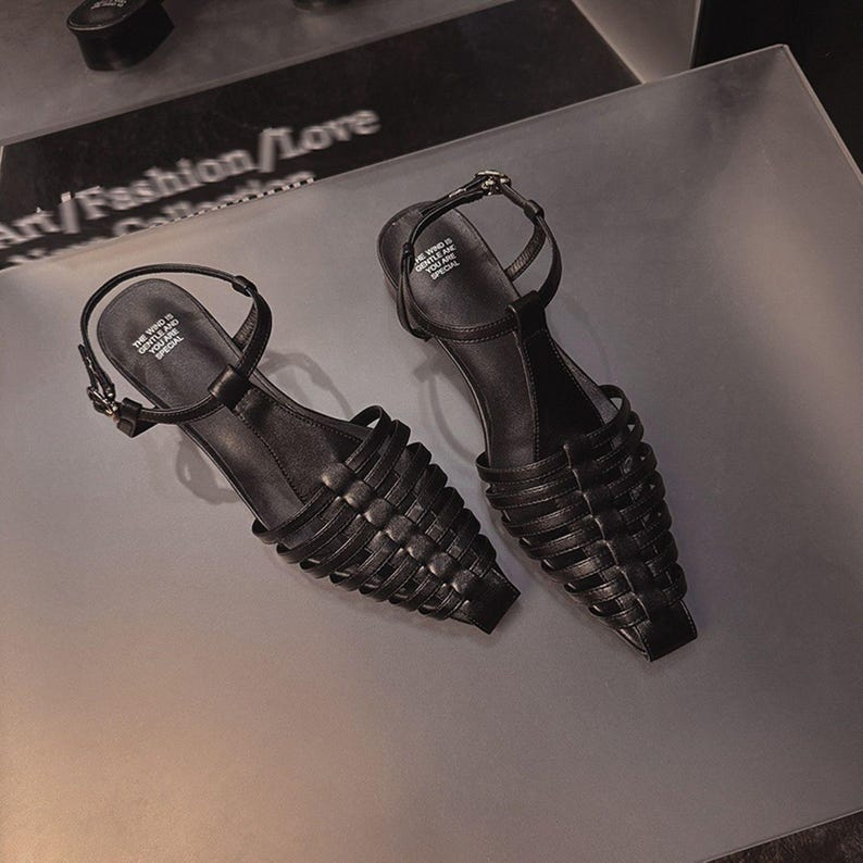 Black Pointed T-Strap Leather Sandals