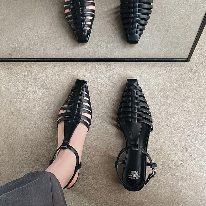 Black Pointed T-Strap Leather Sandals