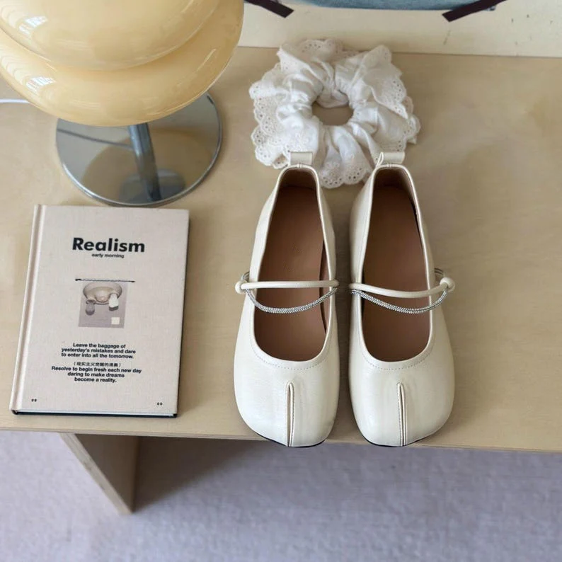 Beige Leather Tabi Ballet Shoes