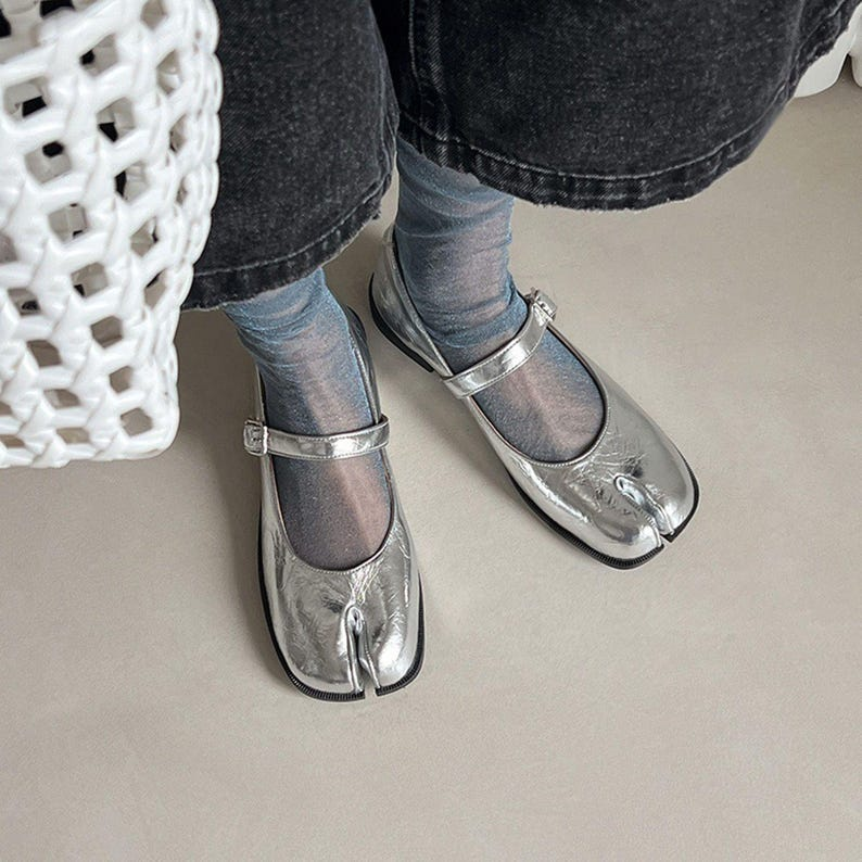 Silver Leather Tabi Mary Jane Flats
