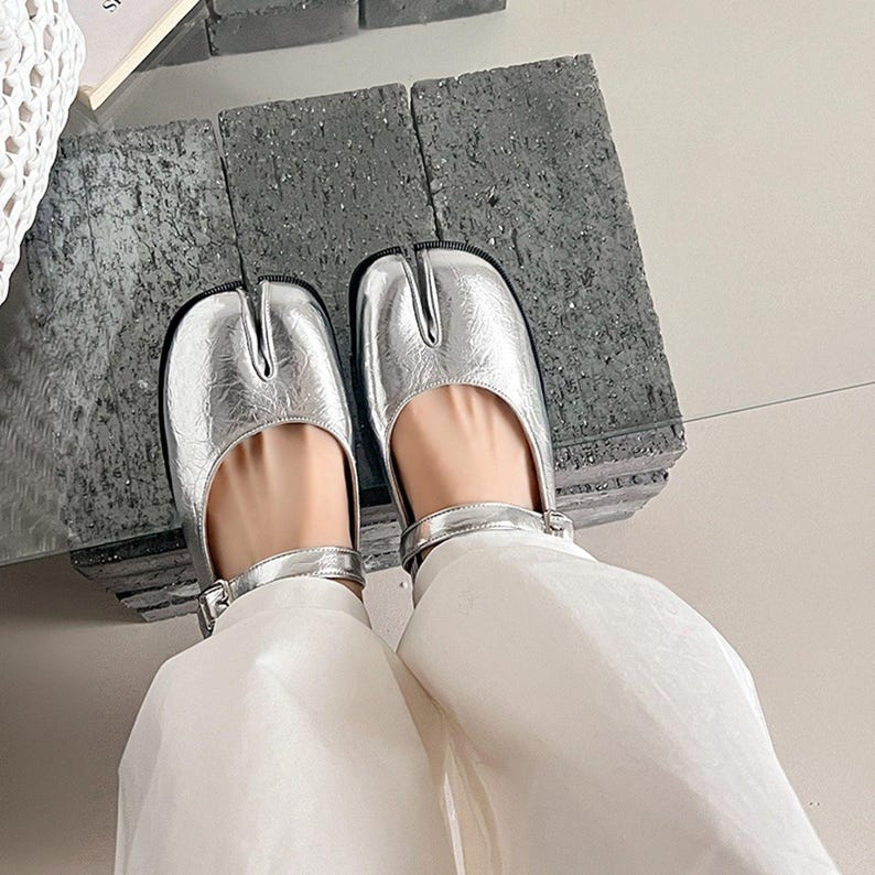 Silver Leather Tabi Mary Jane Flats