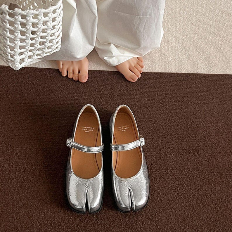 Silver Leather Tabi Mary Jane Flats