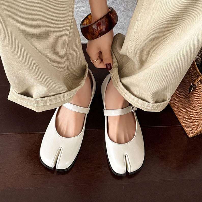 Silver Leather Tabi Mary Jane Flats