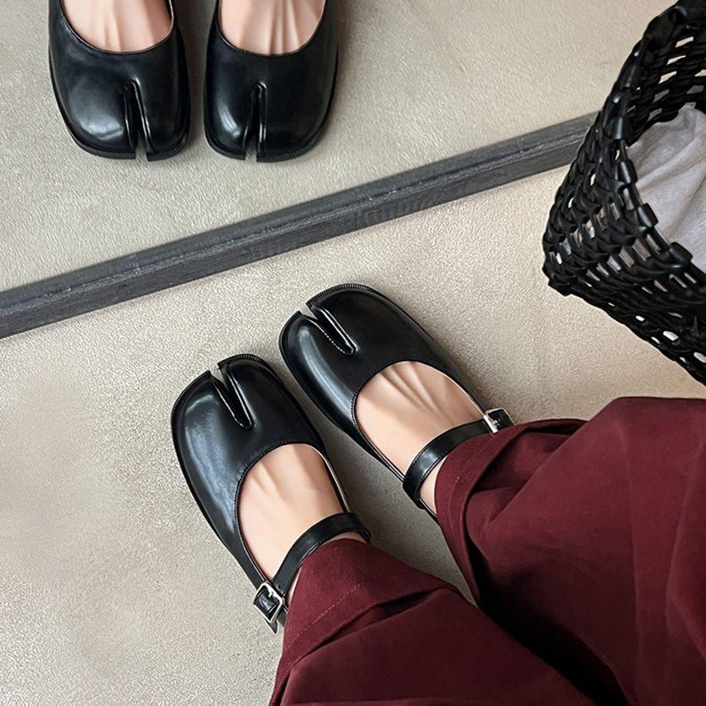 Silver Leather Tabi Mary Jane Flats