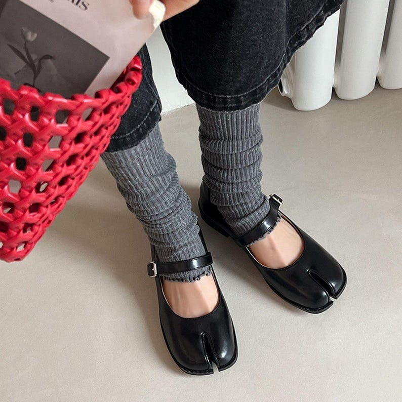 Silver Leather Tabi Mary Jane Flats