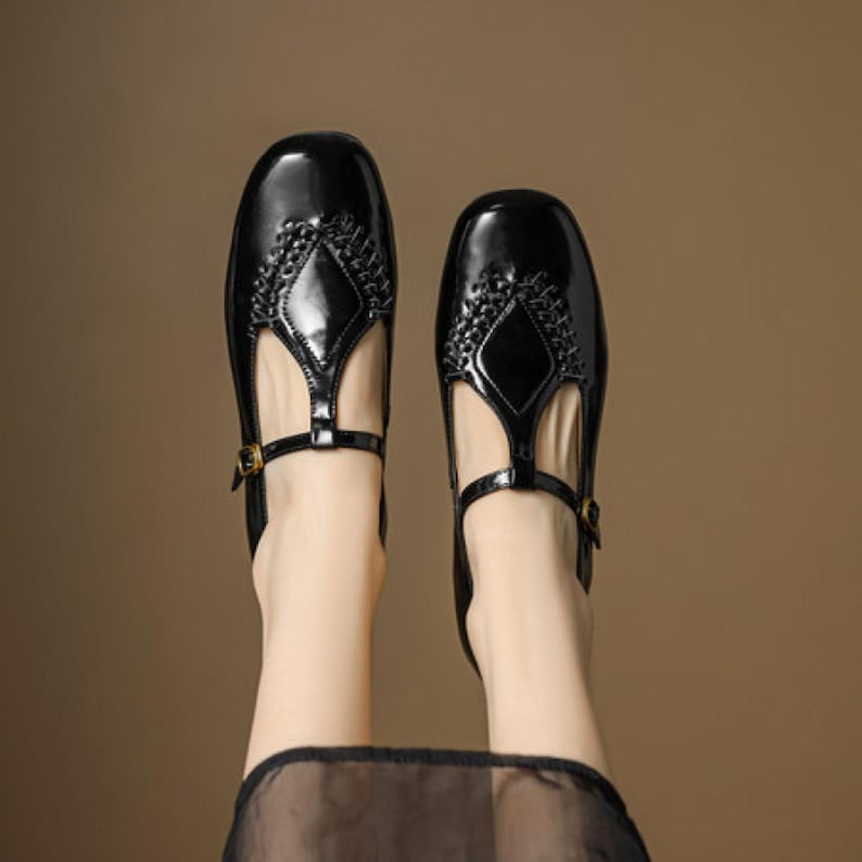 Black Leather T-Strap Mary Jane Flats