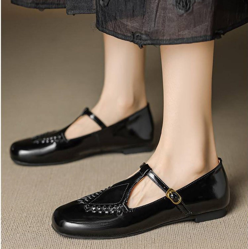 Black Leather T-Strap Mary Jane Flats