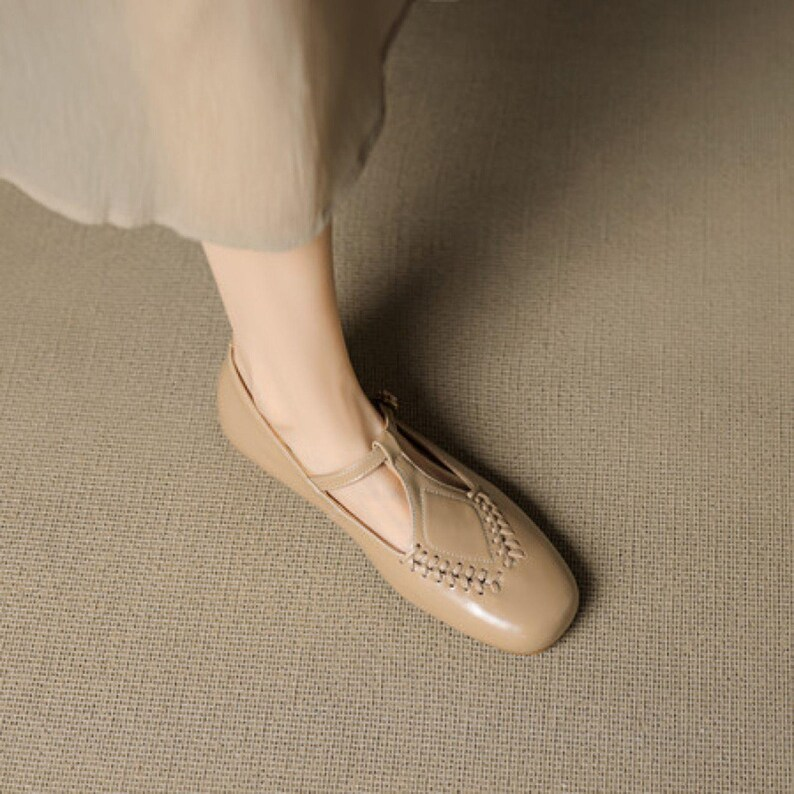 Black Leather T-Strap Mary Jane Flats